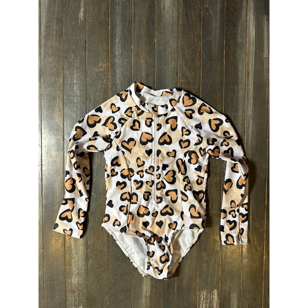 Girls Leopard Heart Print Long Sleeve One Piece Swimsuit Rash Guard Tan Black